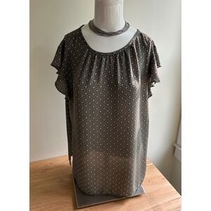 Ann Taylor Loft Flutter Sleeve Blouse Tie Back Olive Green Geometric‎ Top Sz M